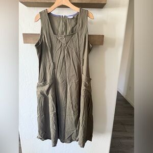 Violet Weekend|Olive Green Linen Lagenlook Sleeveless Midi Dress,square neck•XL